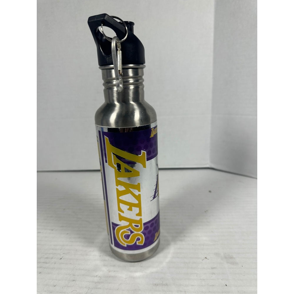 NBA Los Angeles Lakers Stainless Steel Water Bottle Silver Purple Gold Carabiner - Picture 3 of 9
